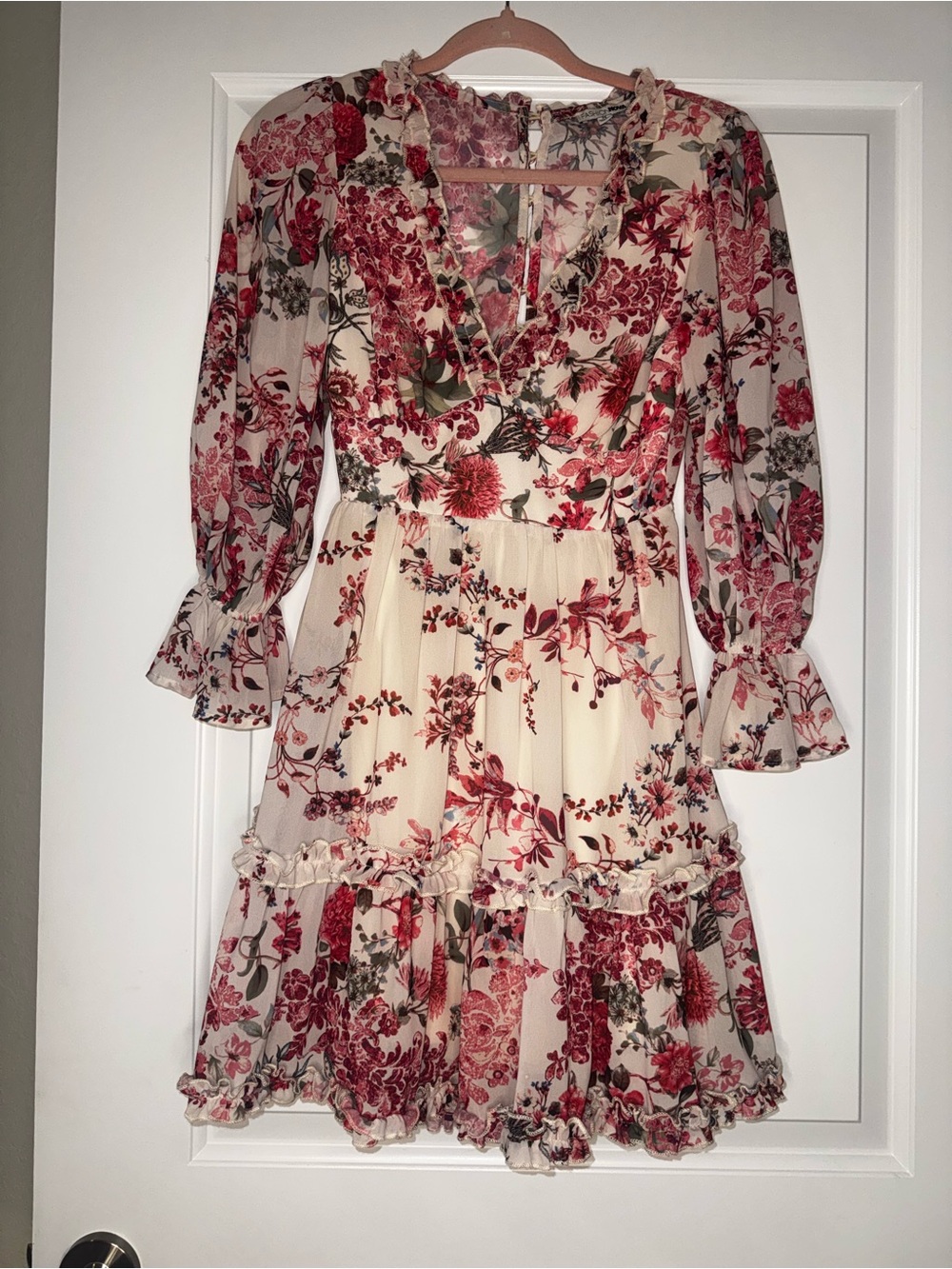Fashion Nova Cream Long Sleeve Floral Ruffle Dress with Red Accents